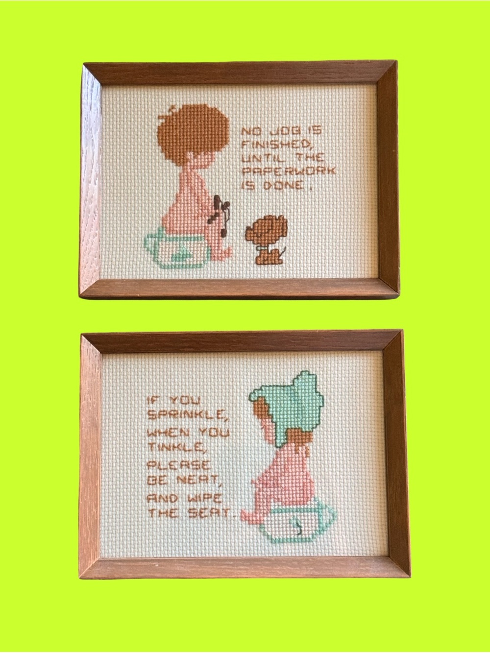 Vintage Framed Cross Stitch Bathroom Art | Matching Set of 2
